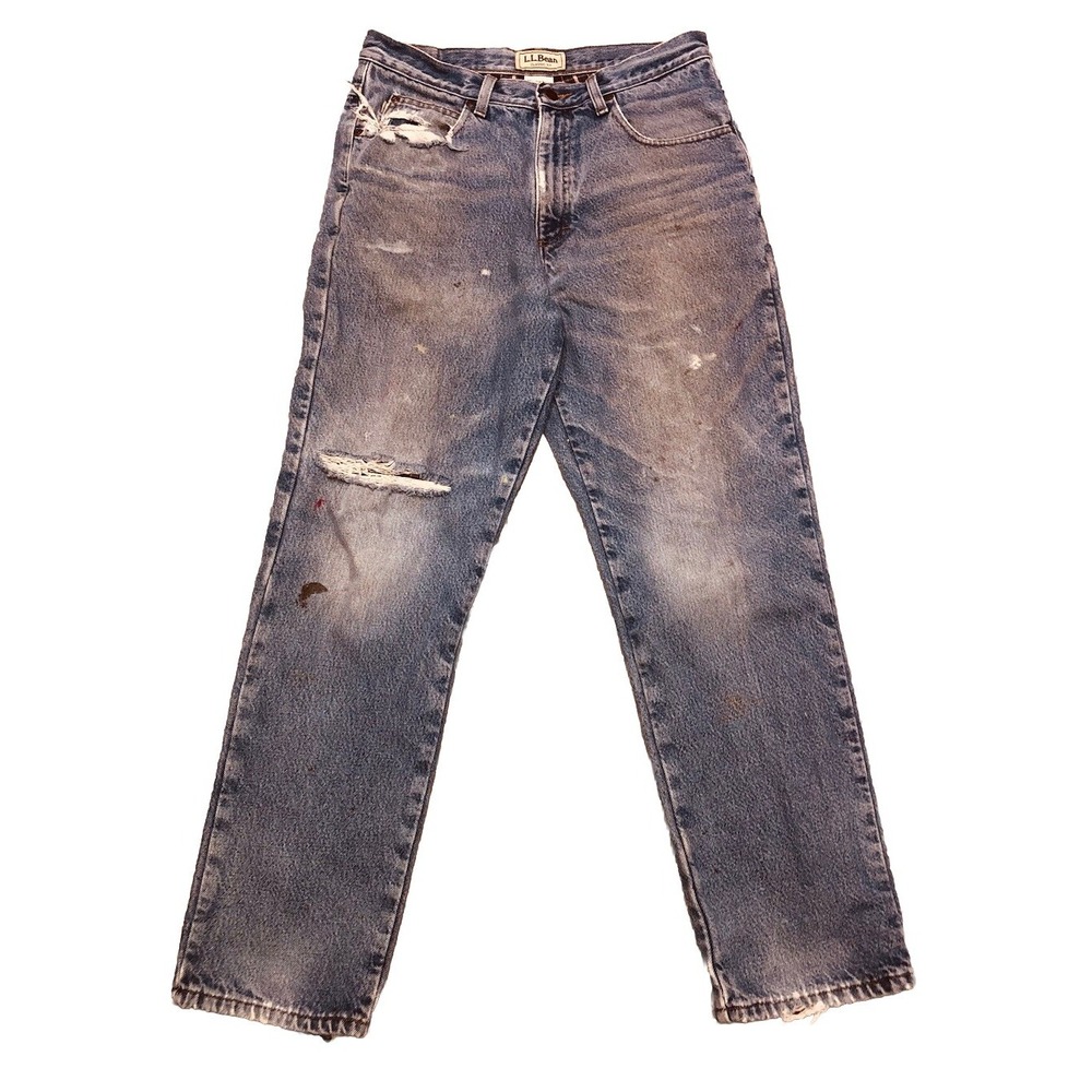 LL Bean Flannel Lined Jeans Men's 32x30 Blue‎ Classic Fit Distressed Grunge